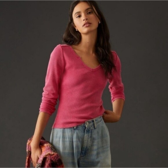 Pilcro Anthropologie Pink Waffle Knotched Long Sleeve Shirt Women's Size Small - Picture 1 of 9
